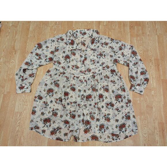 Free People oversized sheer button up floral tunic summer womens shirt sz Small - Picture 1 of 6